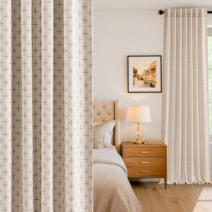 Blackout Linen Curtains with Geometric Pattern Beige 52Wx90L