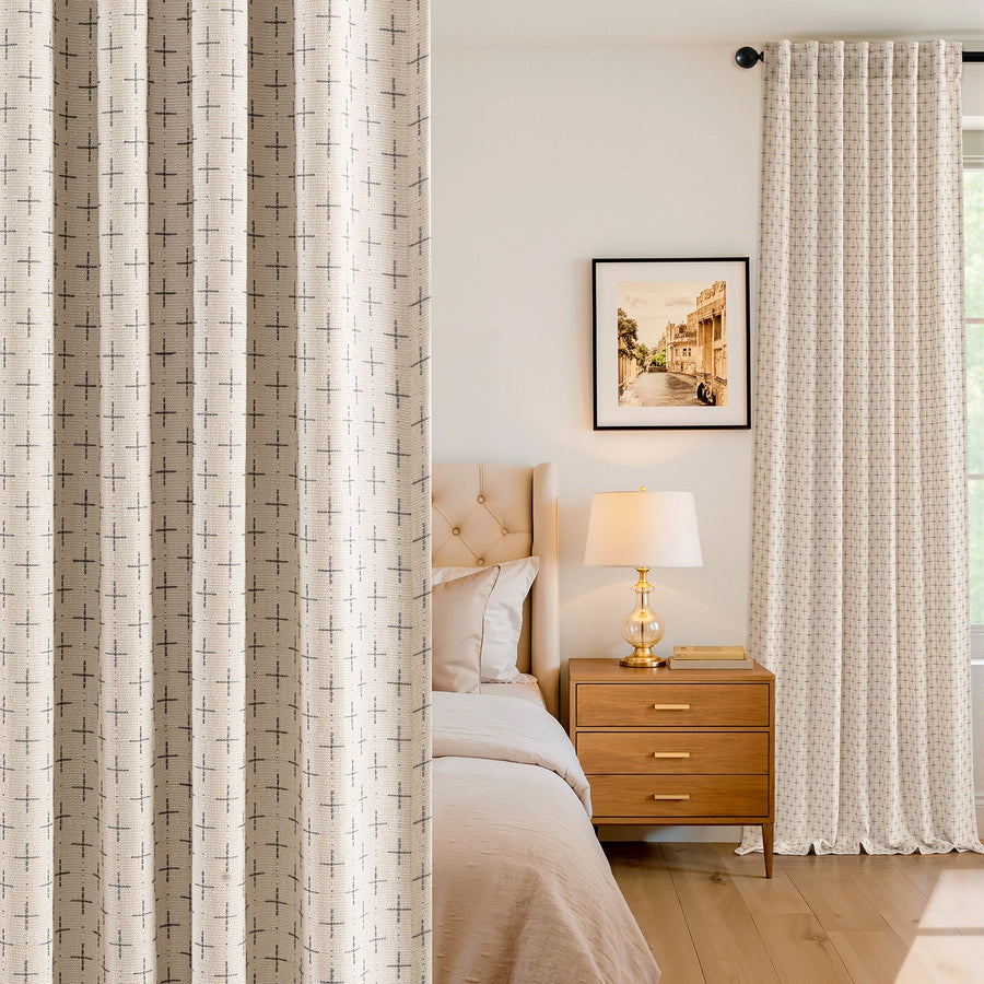 Blackout Linen Curtains with Geometric Pattern Beige 52Wx90L