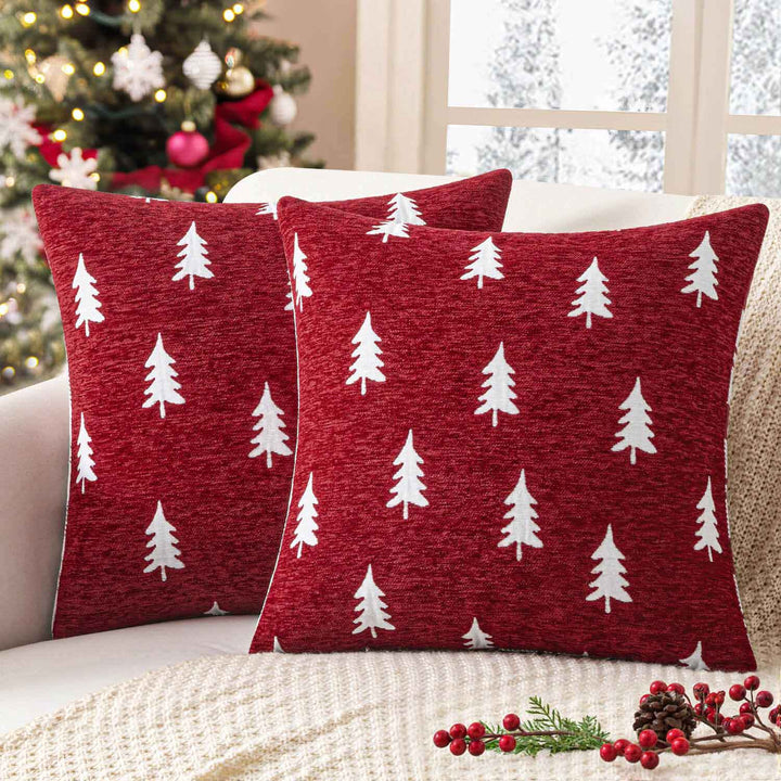 Christmas Tree Chenille Pillow Covers Red White Tree 18x18-inch
