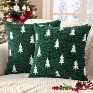 Christmas Tree Chenille Pillow Covers Green White Tree 18x18-inch