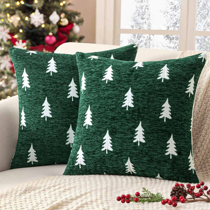 Christmas Tree Chenille Pillow Covers Green White Tree 18x18-inch