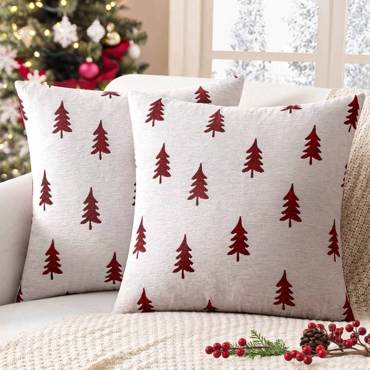 Christmas Tree Chenille Pillow Covers White Red Tree 18x18-inch