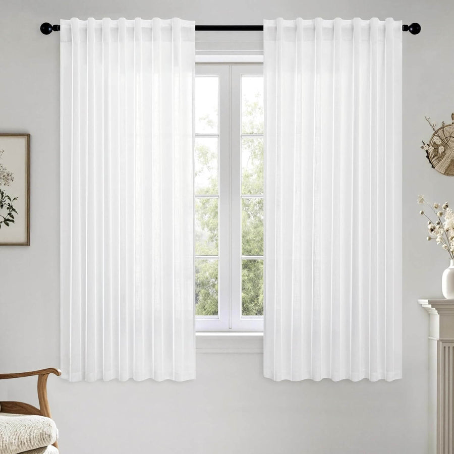 Light Filtering Thick Linen Textured Back Tab Window Drapes White 52Wx45L-inch