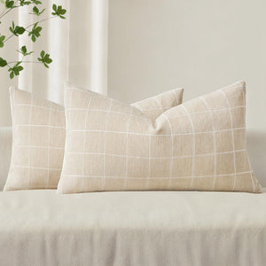 Vintage Chenille Plaid Couch Pillow Covers Beige 20x12-inch