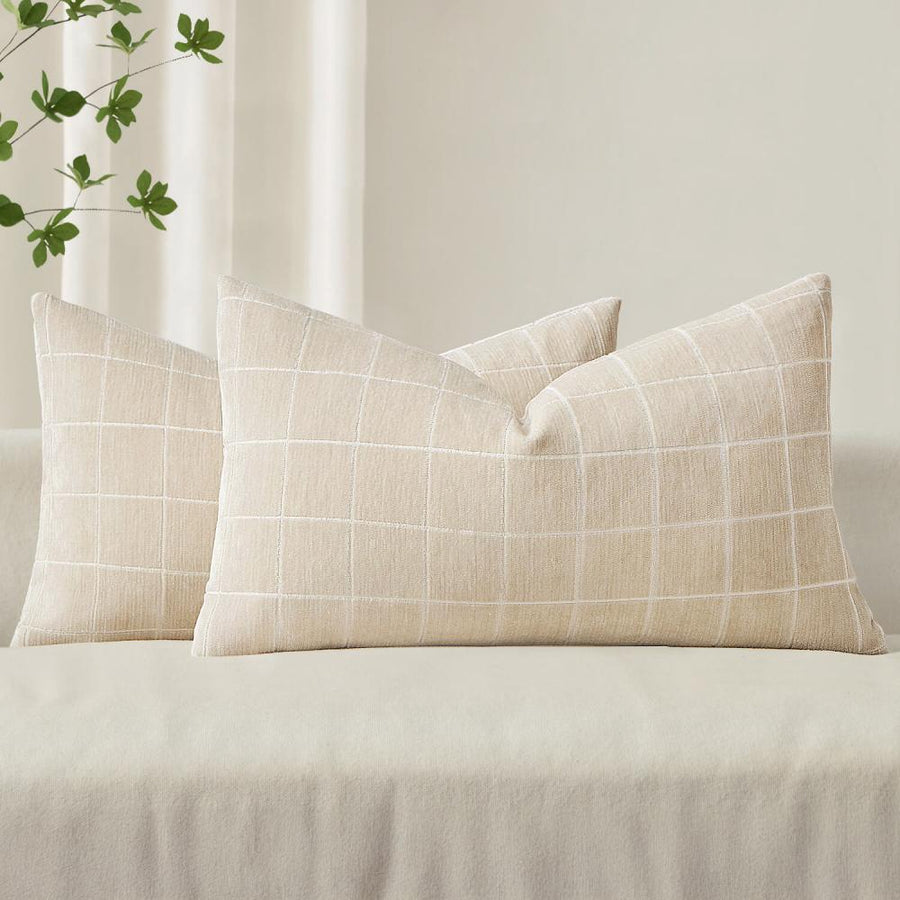 Vintage Chenille Plaid Couch Pillow Covers Beige 20x12-inch