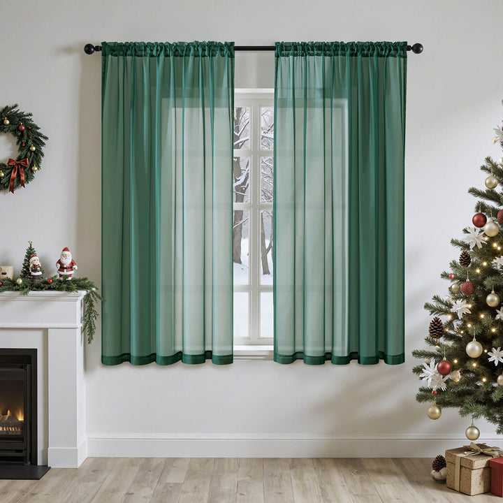 Christmas Solid Color Sheer Window Curtains Hunter Green 54Wx63L-inch