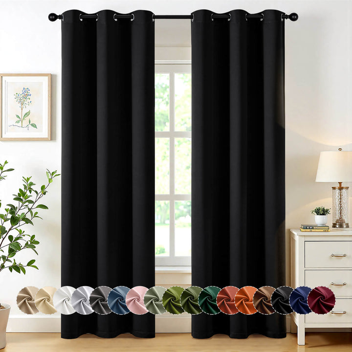 Thermal Insulated Drapes Solid Grommet Curtains Black 40Wx86L-inch