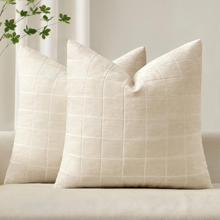 Chenille  Vintage Plaid Couch Pillow Covers Beige 20x20-inch