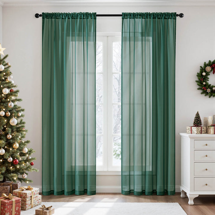 Christmas Solid Color Sheer Window Curtains Hunter Green 54Wx96L-inch