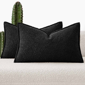Decorative Thick Textured Boucle Pillow Covers Black 20x12-inch