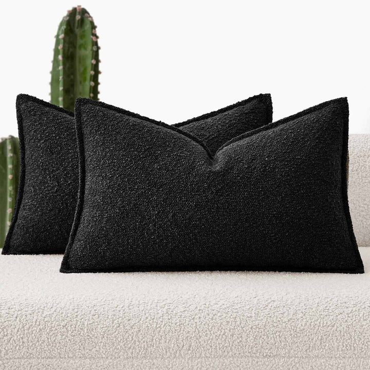 Decorative Thick Textured Boucle Pillow Covers Black 20x12-inch