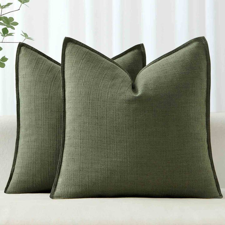 Boho Farmhouse Neutral Linen Throw Pillow Covers Dark Green 24x24-inch