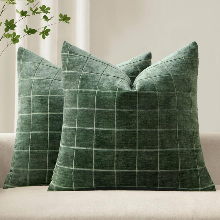 Chenille  Vintage Plaid Couch Pillow Covers Moss Green 20x20-inch
