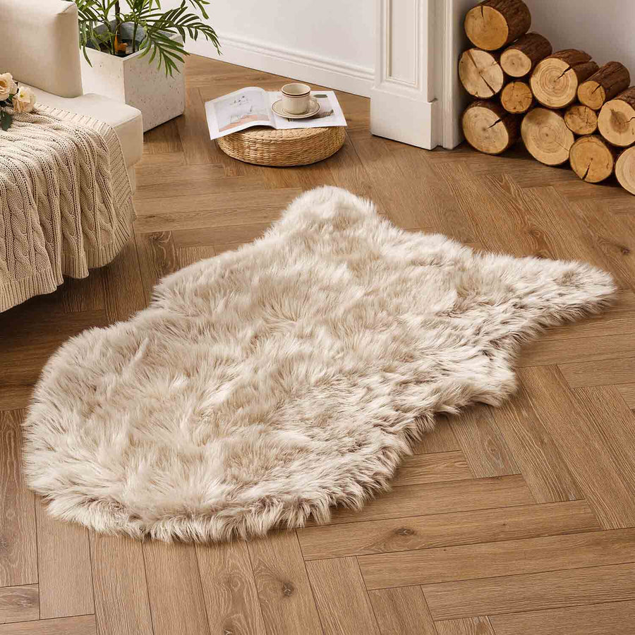 Faux Fur Sheepskin Rug Decorative Plush Area Rug Beige 3x5-Large-Sheepskin