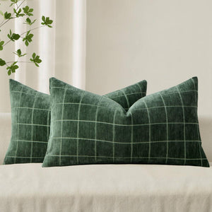 Vintage Chenille Plaid Couch Pillow Covers Moss Green 20x12-inch