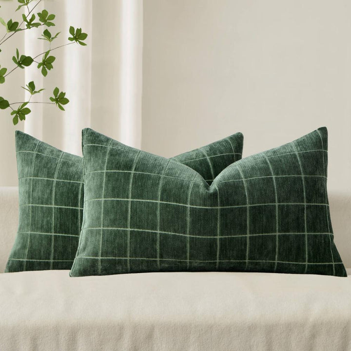 Vintage Chenille Plaid Couch Pillow Covers Moss Green 20x12-inch