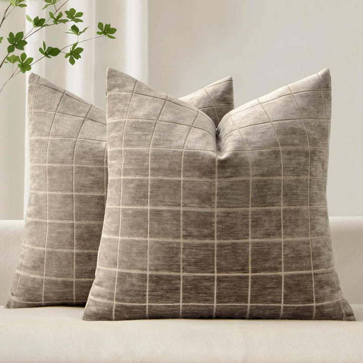 Chenille  Vintage Plaid Couch Pillow Covers Taupe Grey 20x20-inch