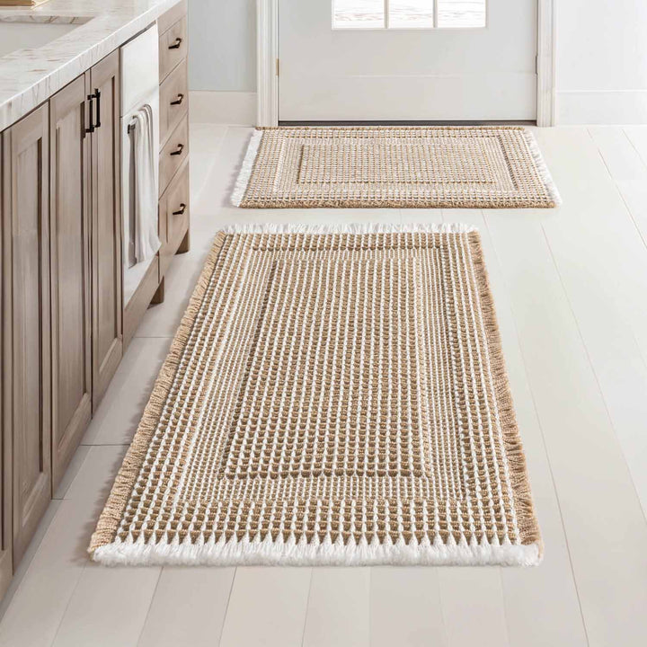 New-Non Slip Washable Waffle Bathroom Mats Brown-Cream 17x24-and-18x30-inch