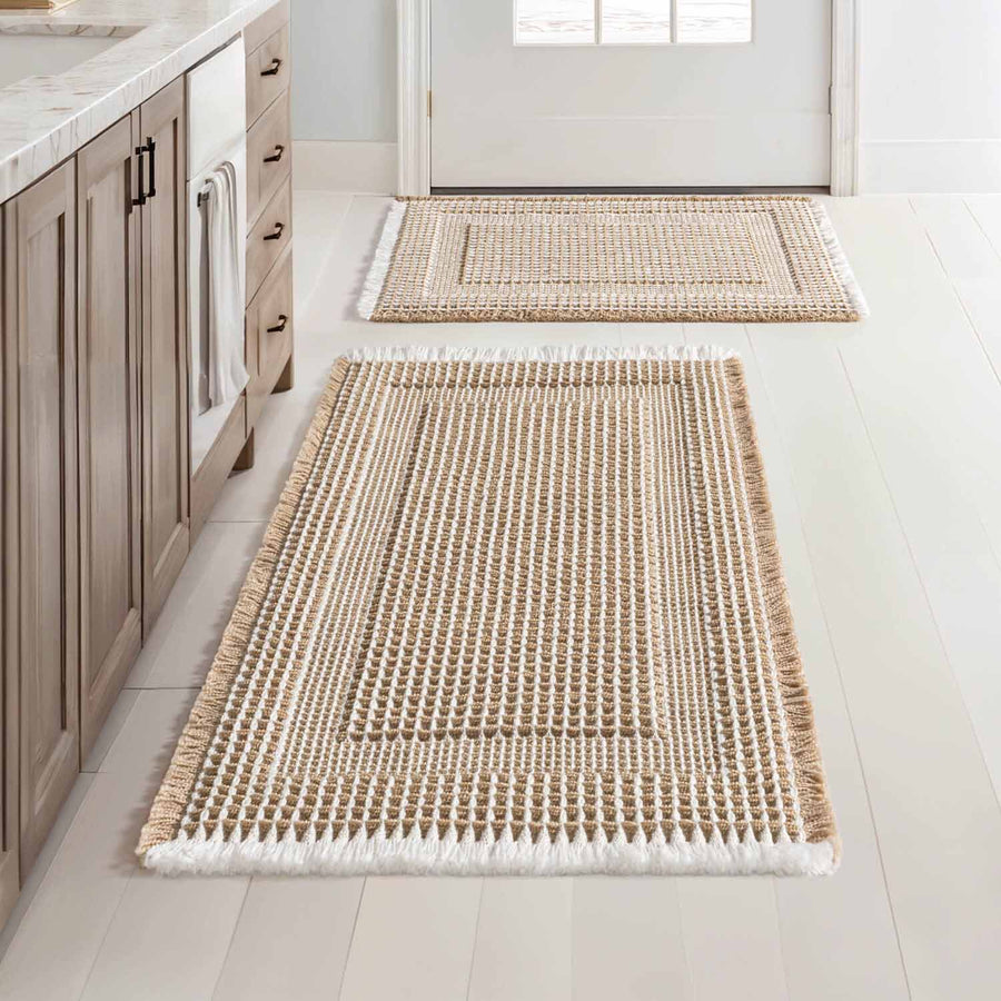 New-Non Slip Washable Waffle Bathroom Mats Brown-Cream 17x24-and-18x30-inch