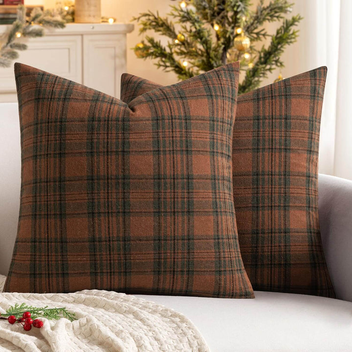 Farmhouse Scottish Tartan Plaid Throw Pillow Covers Orange and Green 18x18