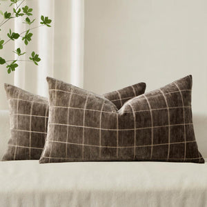 Vintage Chenille Plaid Couch Pillow Covers Brown 20x12-inch