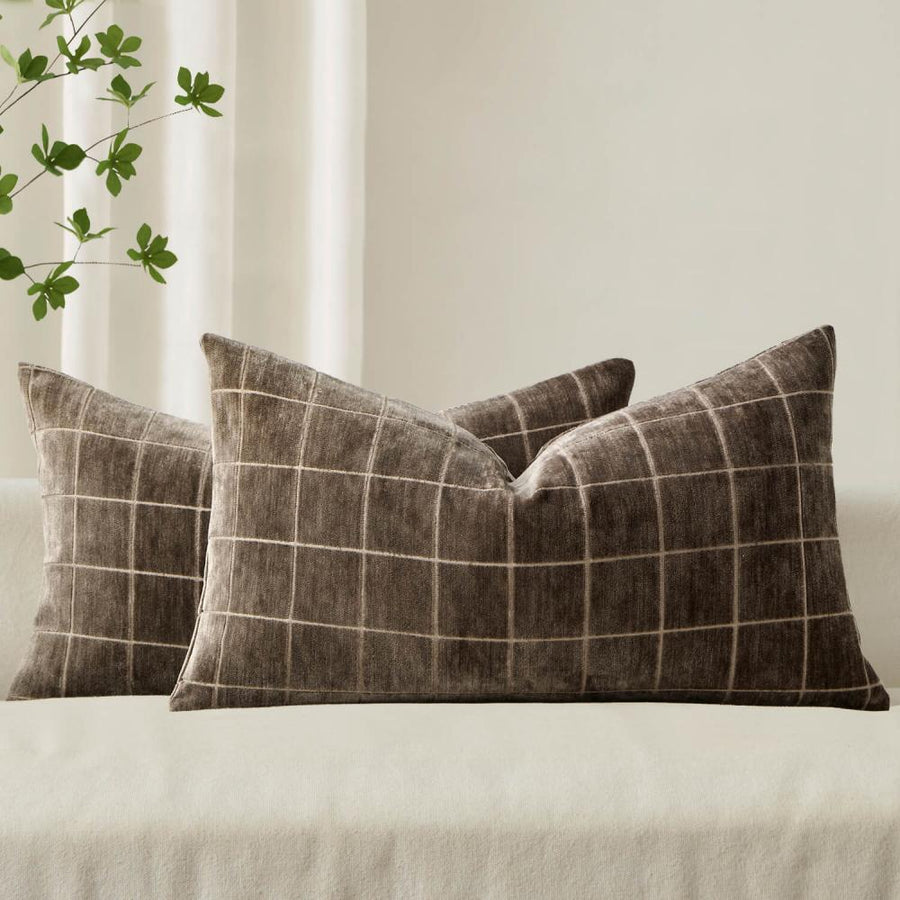 Vintage Chenille Plaid Couch Pillow Covers Brown 20x12-inch