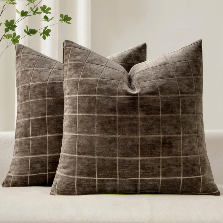 Vintage Chenille Plaid Couch Pillow Covers Brown 20x20-inch