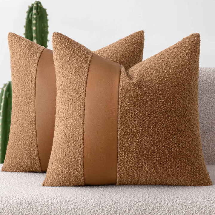 Faux Fur Leather Textured Throw Pillow Covers Brown 24x24-inch