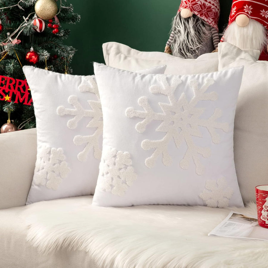 Christmas Decorative Embroidery Snowflake Throw Pillow Covers White 18x18 Pack of 2