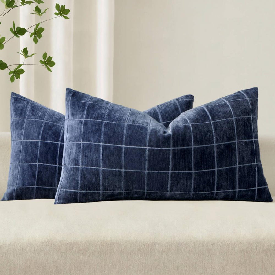 Vintage Chenille Plaid Couch Pillow Covers Navy Blue 20x12-inch