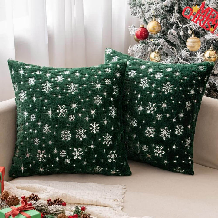 Faux Fur Winter Pillow Covers with Silver Snowflake Glitter Dark Green 20x20-inch