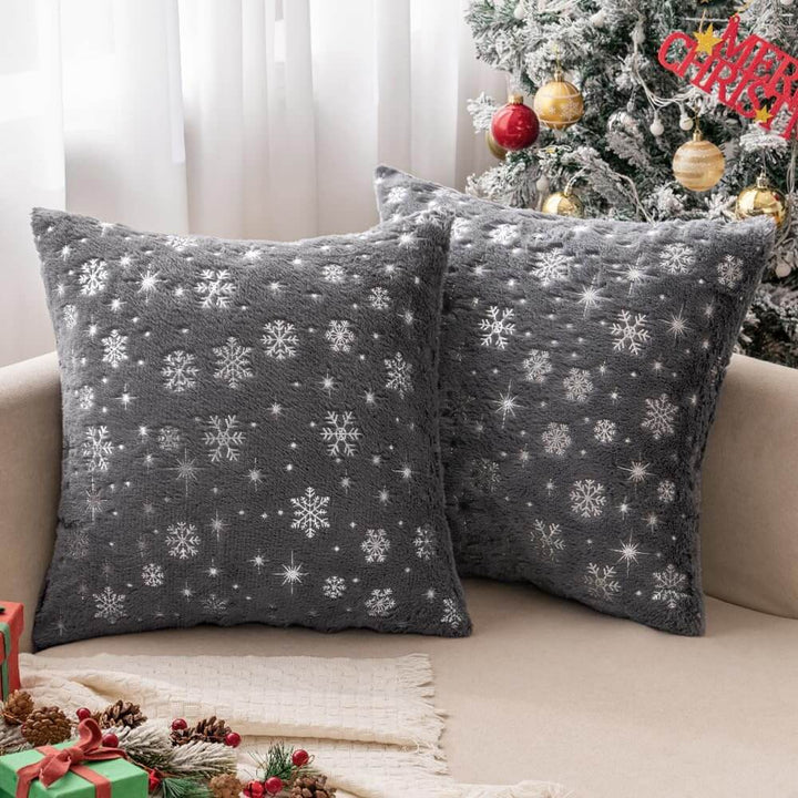 Faux Fur Winter Pillow Covers with Silver Snowflake Glitter Grey 16x16-inch
