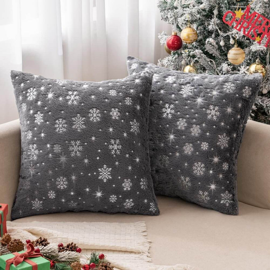 Faux Fur Winter Pillow Covers with Silver Snowflake Glitter Grey 16x16-inch