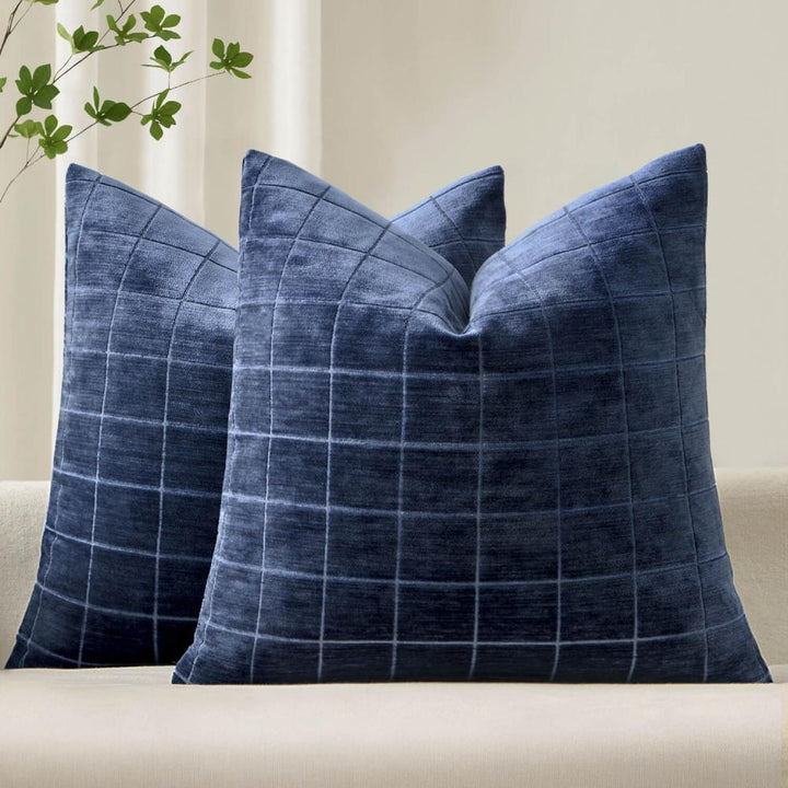 Vintage Chenille Plaid Couch Pillow Covers Navy Blue 20x20-inch