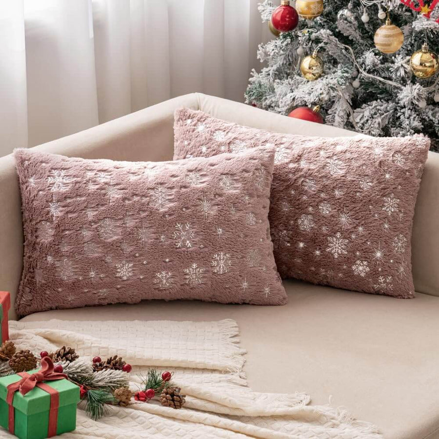 Faux Fur Winter Pillow Covers with Silver Snowflake Glitter Heather Pink 20x12-inch