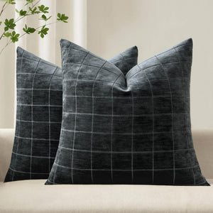 Vintage Chenille Plaid Couch Pillow Covers Black 18x18-inch
