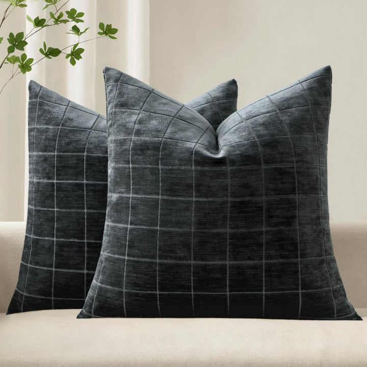 Vintage Chenille Plaid Couch Pillow Covers Black 18x18-inch