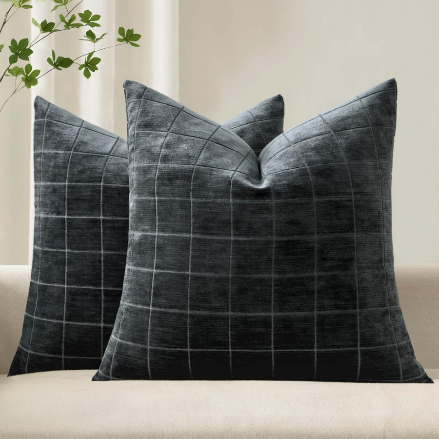 Vintage Chenille Plaid Couch Pillow Covers Black 18x18-inch
