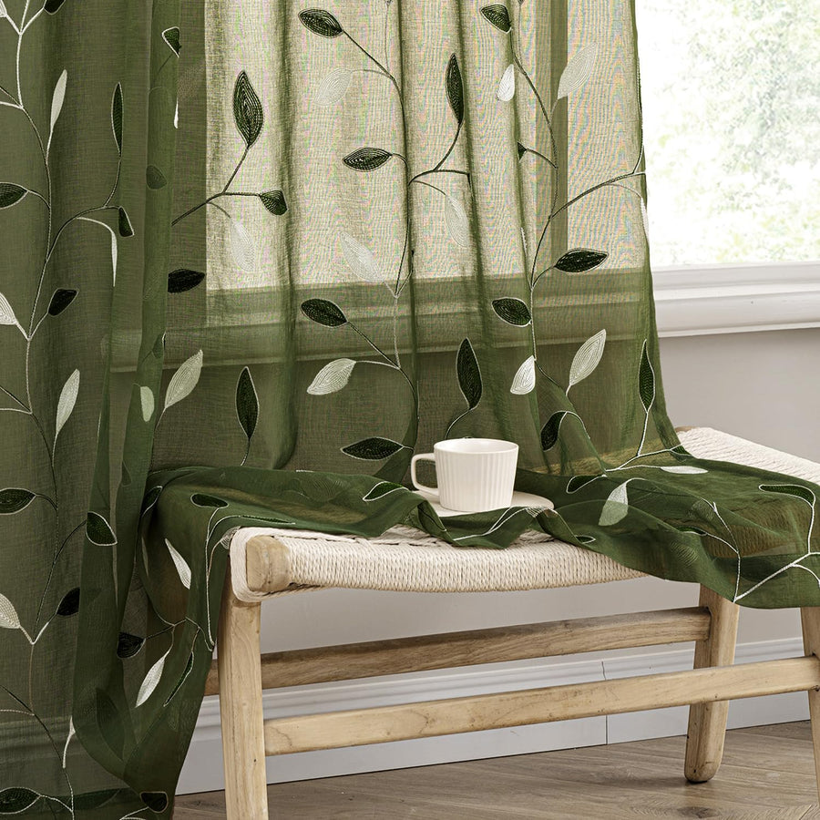 Embroidered Leaf Patterned Rod Pocket Floral Curtains Olive Green 52Wx96L-inch
