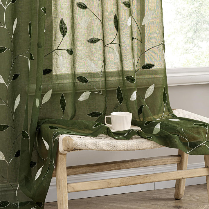 Embroidered Leaf Patterned Rod Pocket Floral Curtains Olive Green 52Wx84L-inch
