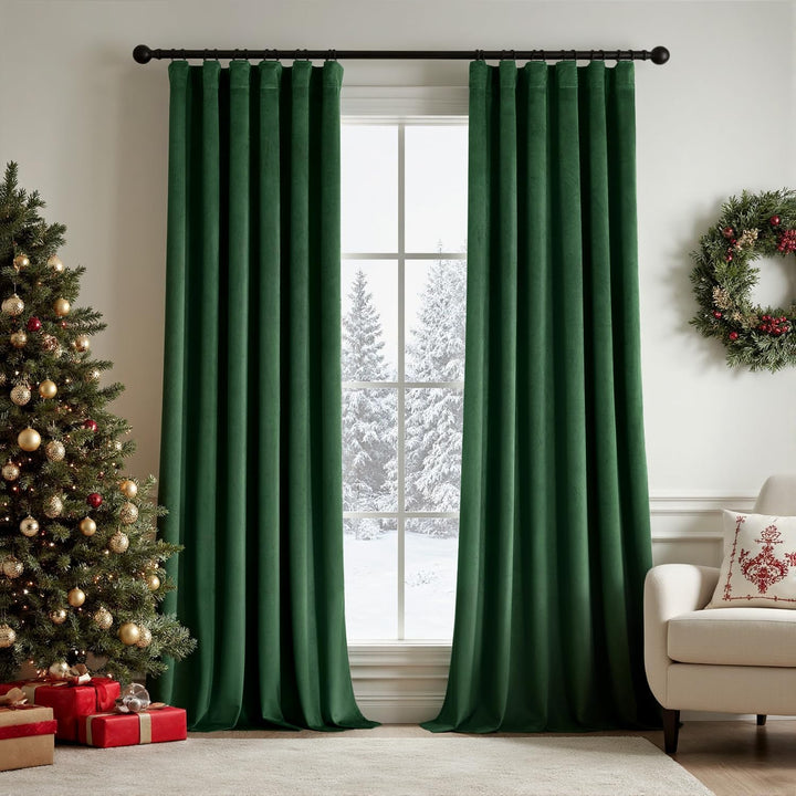 Thermal Insulated Velvet Curtains with Hooks Emerald Green 50Wx90L-inch