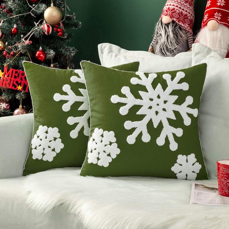 Decorative Snowflake Embroidery Winter Pillow Covers Army Green 16x16 Pack of 2