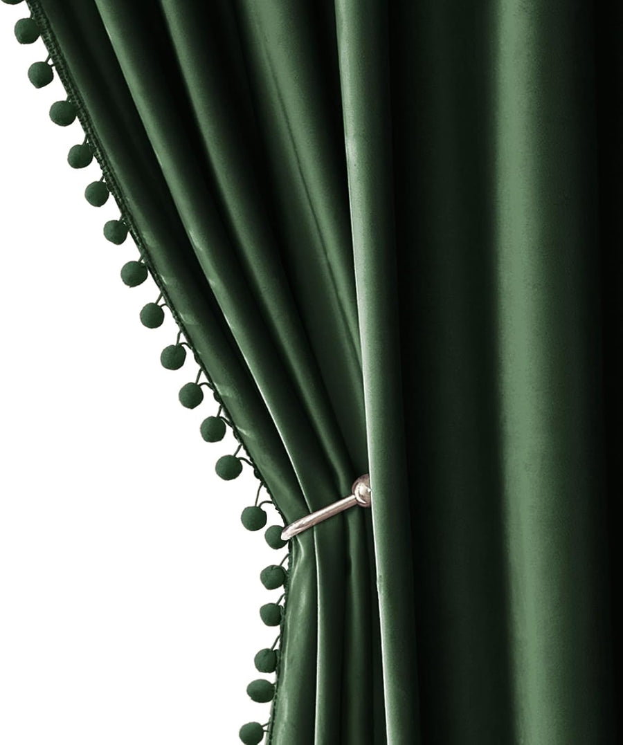 Blackout Pom Pom  Rod Pocket Velvet Curtains Emerald Green 52Wx96L-inch