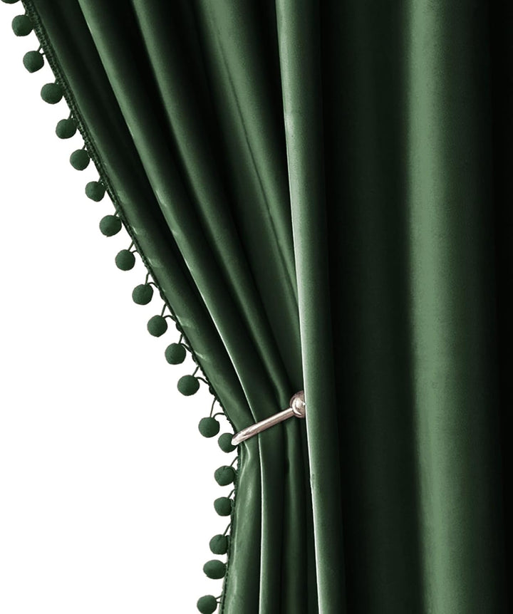 Blackout Pom Pom  Rod Pocket Velvet Curtains Emerald Green 52Wx84L-inch