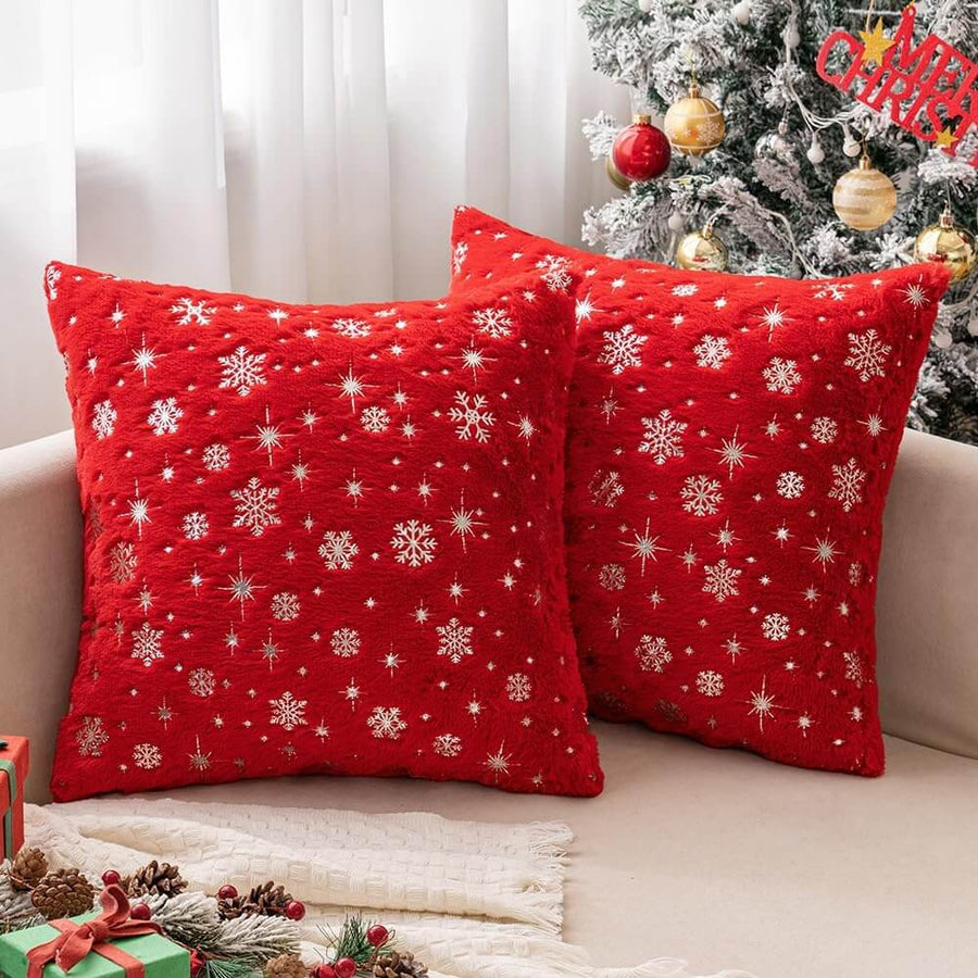 Faux Fur Winter Pillow Covers with Silver Snowflake Glitter Red 16x16-inch