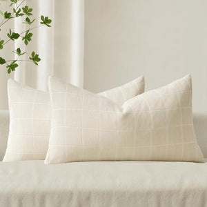 Vintage Chenille Plaid Couch Pillow Covers Cream 20x12-inch