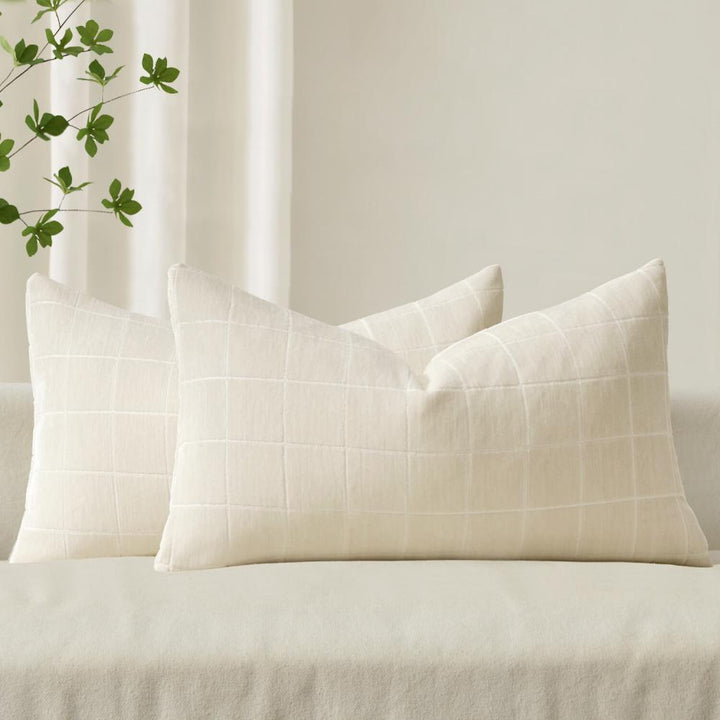 Vintage Chenille Plaid Couch Pillow Covers Cream 20x12-inch