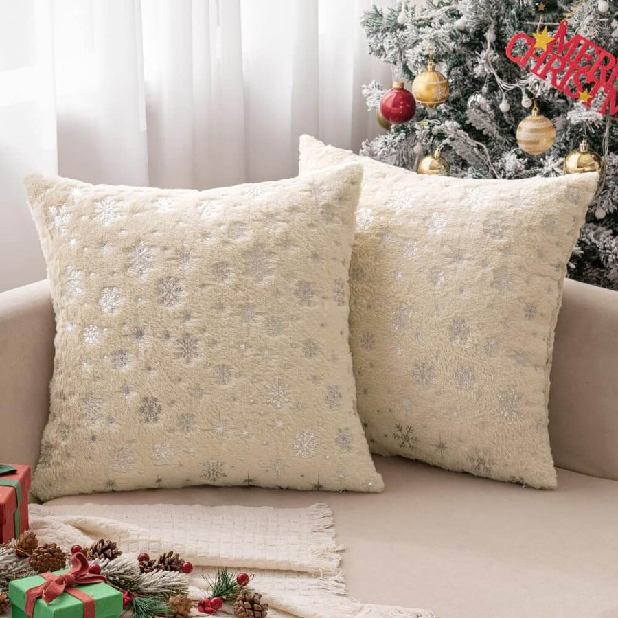 Faux Fur Winter Pillow Covers with Silver Snowflake Glitter Beige 18x18-inch