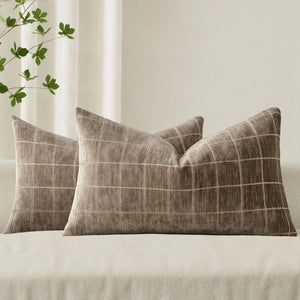 Vintage Chenille Plaid Couch Pillow Covers Taupe Grey 20x12-inch
