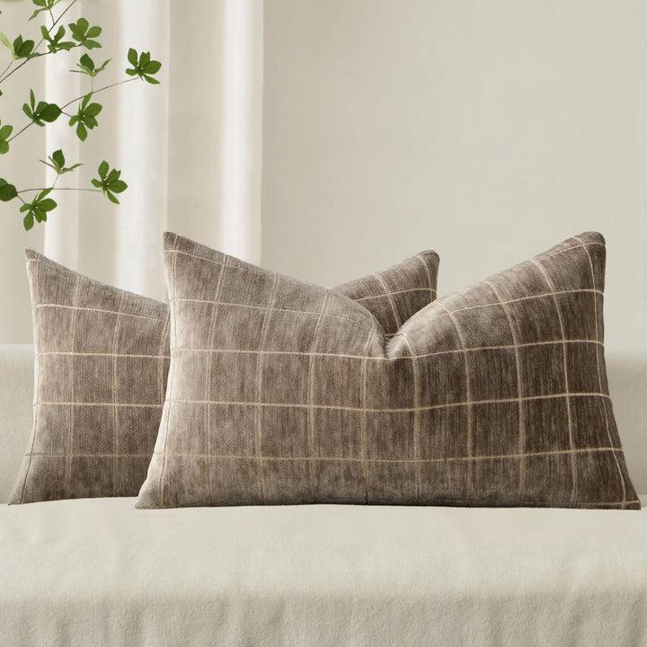 Vintage Chenille Plaid Couch Pillow Covers Taupe Grey 20x12-inch